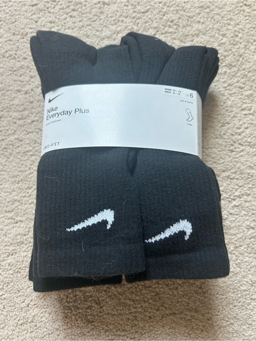 New Nike Everyday Plus Black Crew Socks - 6 Pack